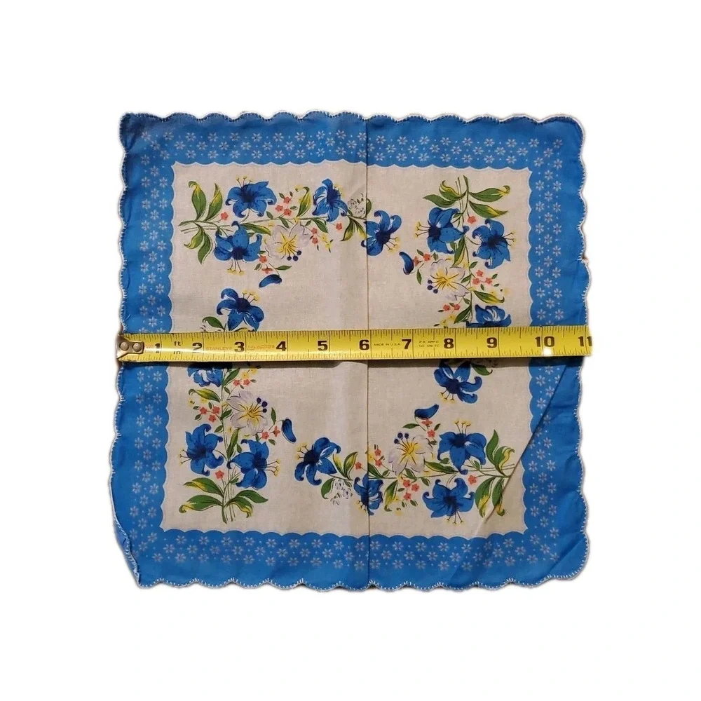 Linen Blue‎ Lily Floral Handkerchief Scalloped Cottage Core Bridesmaid Granny